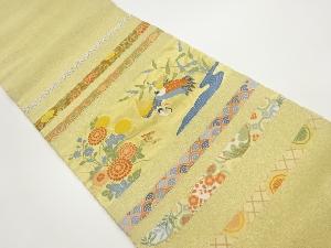 横段に鶴・草花・古典柄模様織出し袋帯